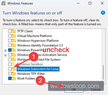 uncheck Windows Subsystem for Linux checkbox to uninstall wsl