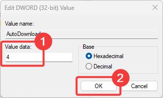 change value data to 4 to disable automatic app udpates in Microsoft Store