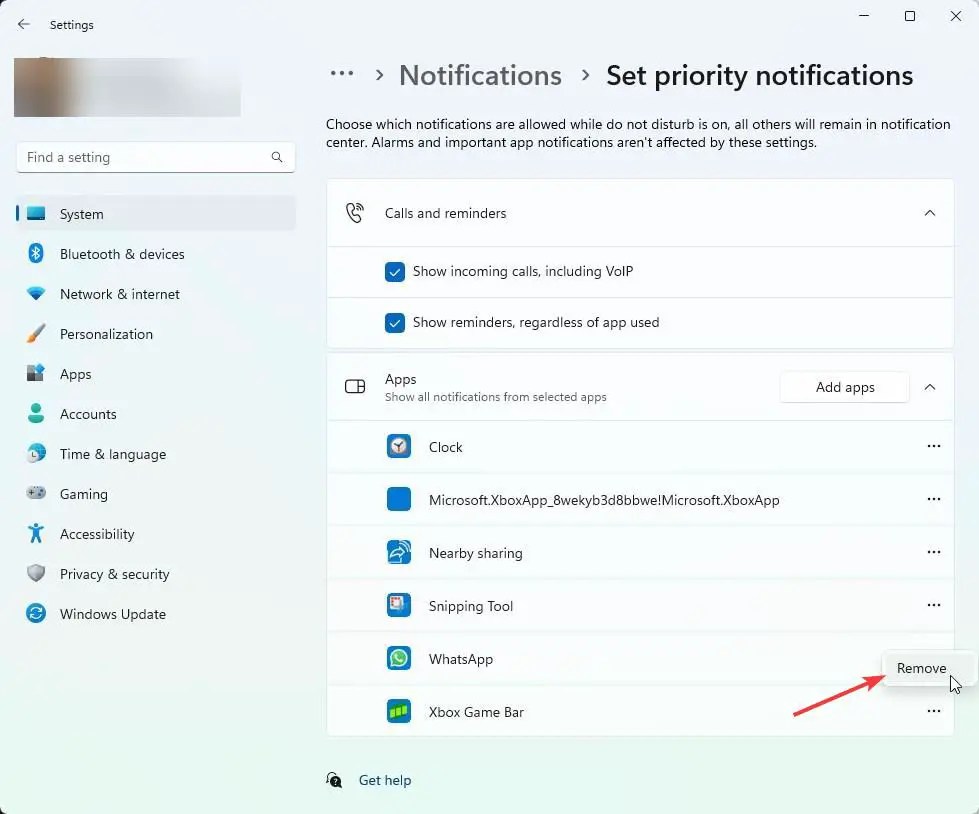 remove app from priority notifications on Windows 11