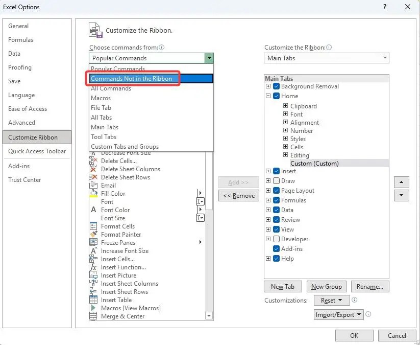 select commands not in ribbon option