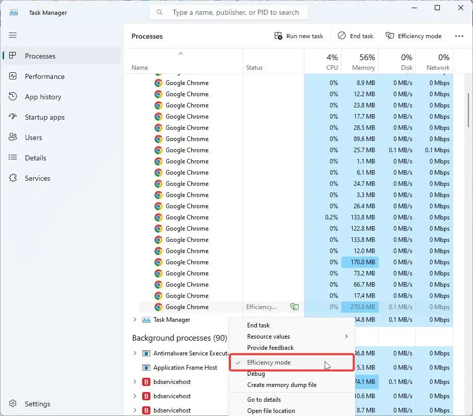 right-click on the Chrome process and select efficiency mode option