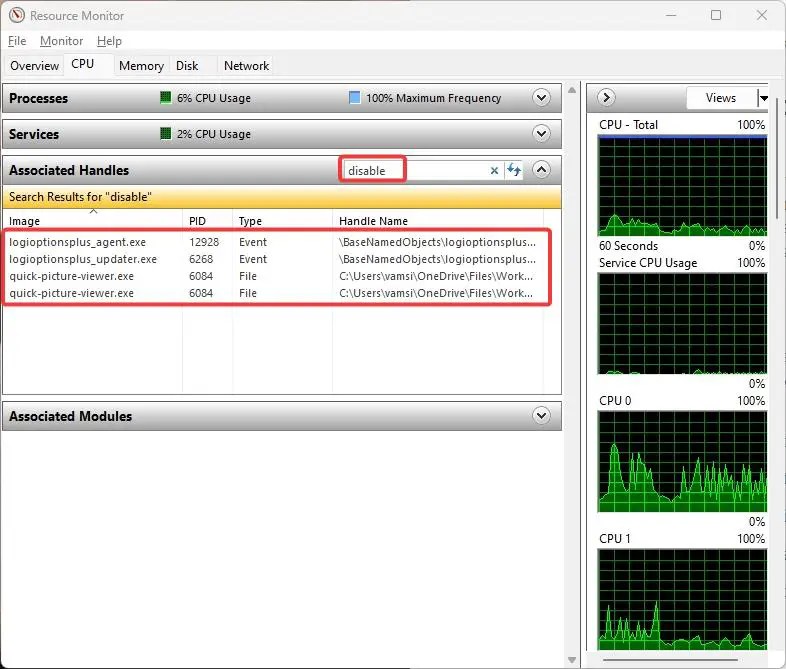type the file name in the associated handles search bar in resource monitor