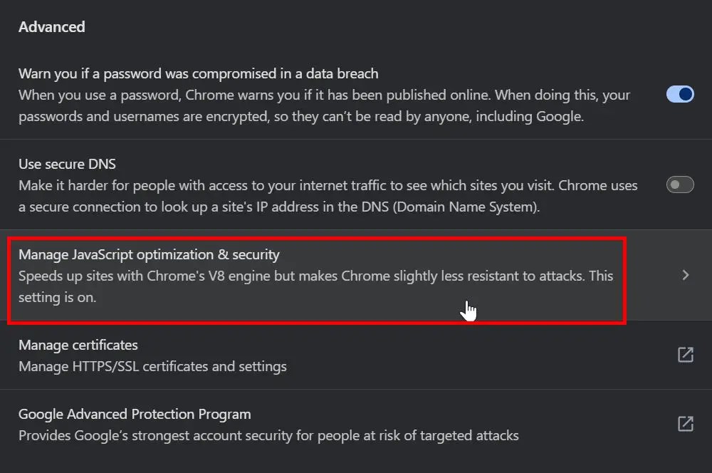 javascript optimization settings in chrome