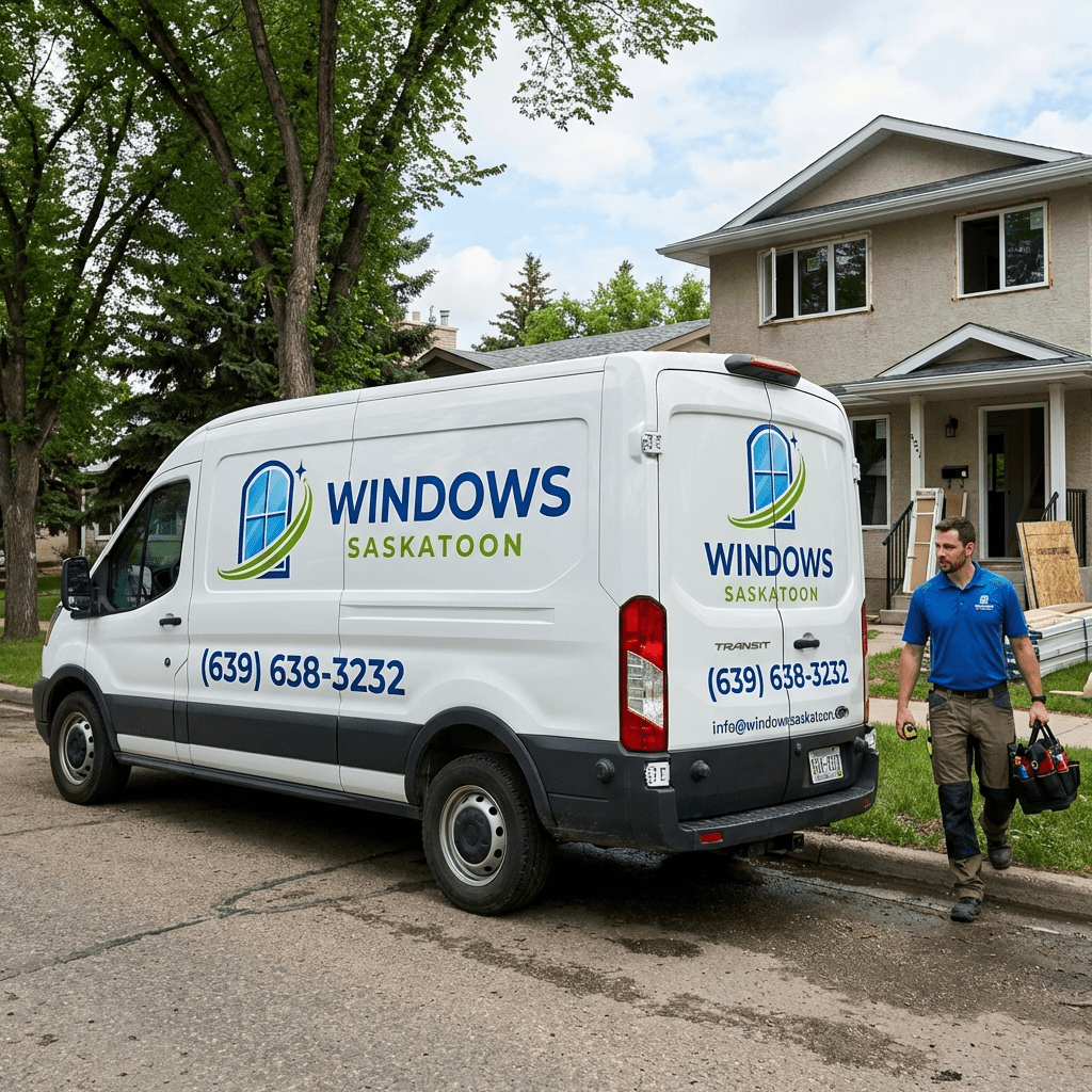 A worker carrying a new window to replace at a home in Saskatoon. White work van in front of house.