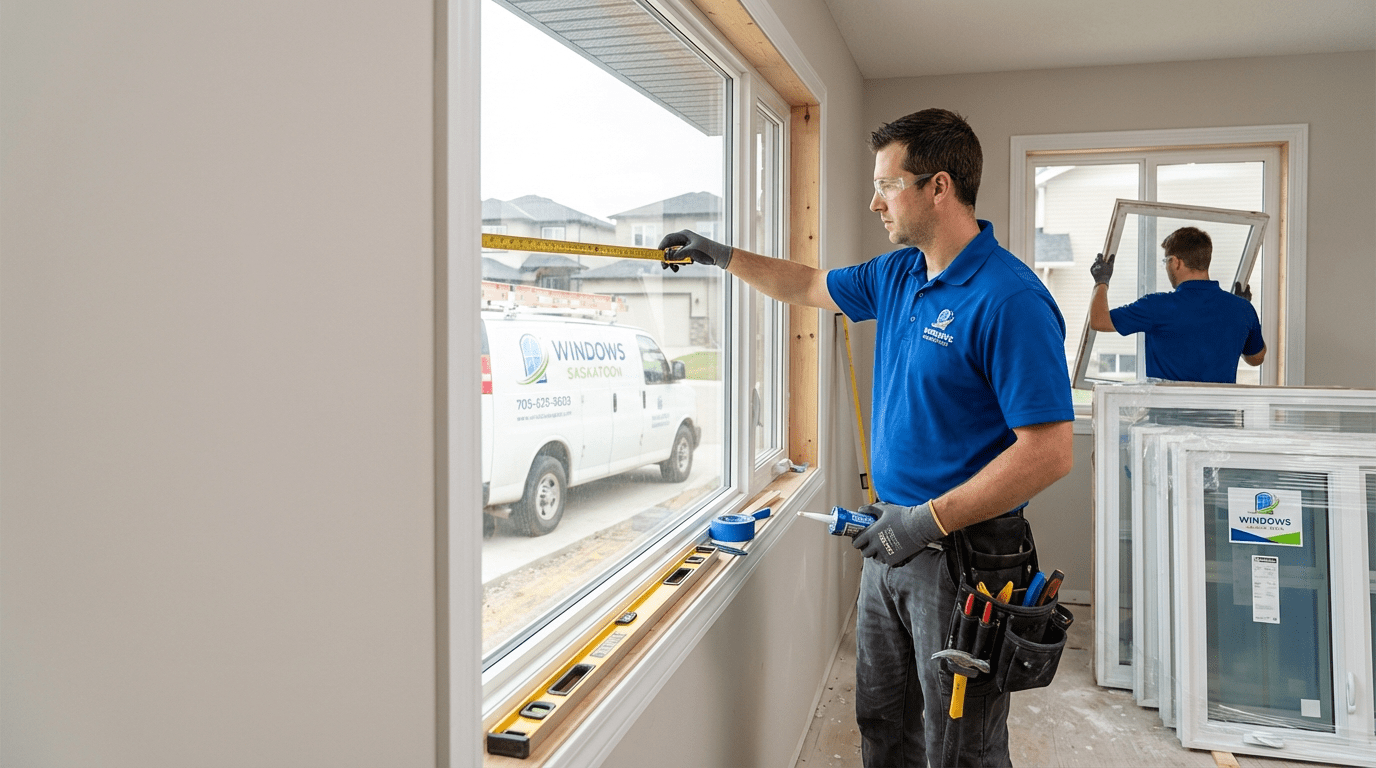 Worker installing a new window at a home in Saskatoon.