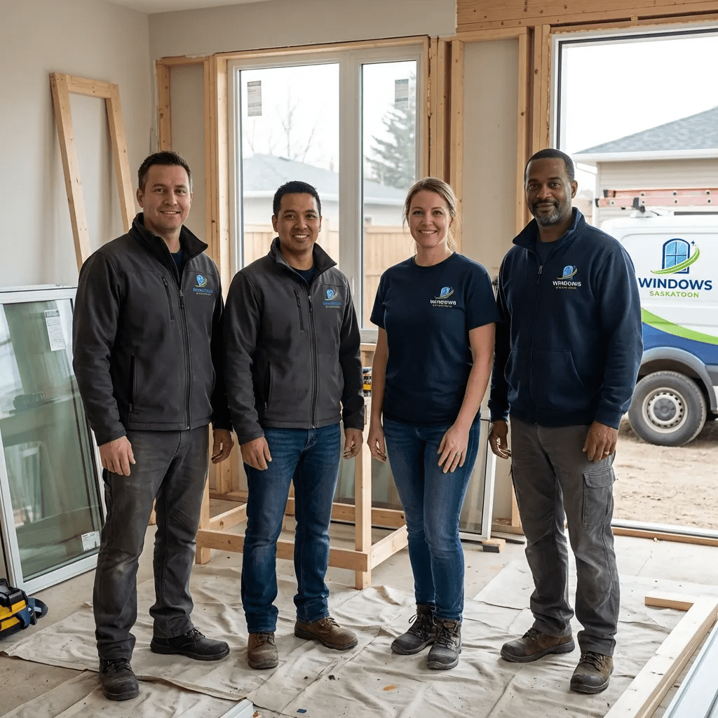 Four team members standing in a home as a group photo in Saskatoon.
