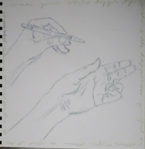 Decided to continue what seemed like a good thing, but I decided to practice drawing. I've always liked drawing my hands. But look, I even drew myself holding a WRITING pen! 12 July 2015