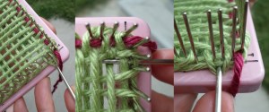 First photo shows the loop being stretched outward. Next two photos show needle going Under first two threads together.