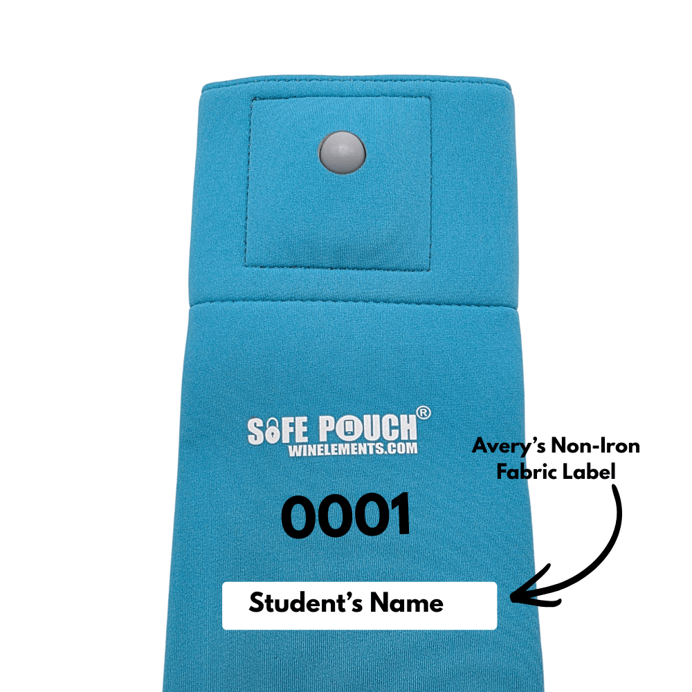 Blue Safe Pouch numbered 0001 with an Avery no-iron fabric label for the student name