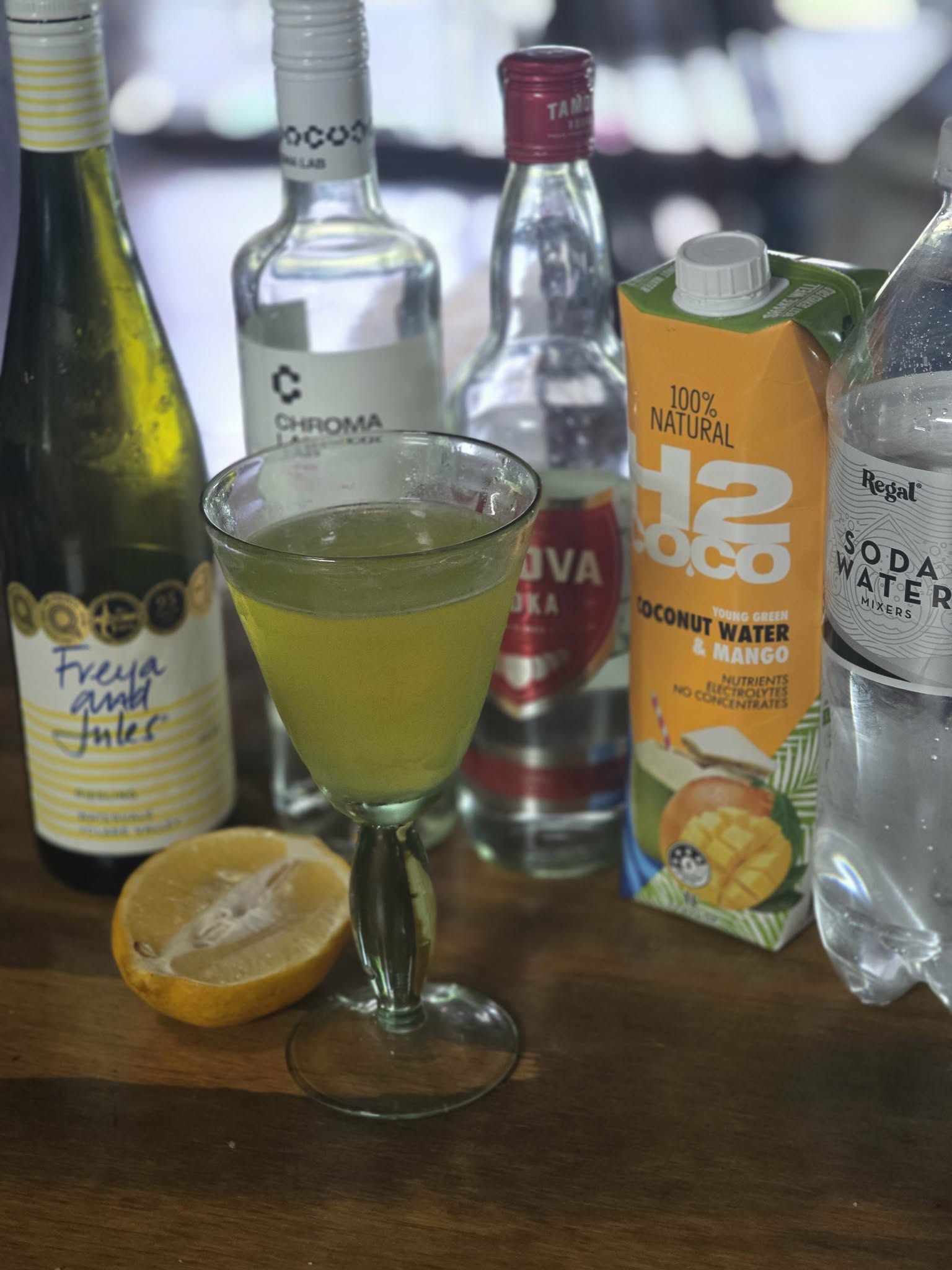 A wine cocktail with frozen Riesling, lychee liqueur and mango flavoured coconut water.