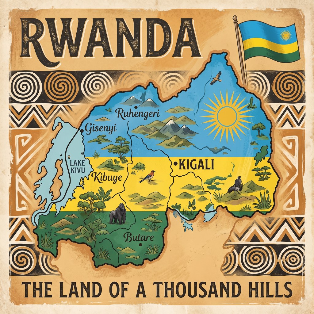 Illustration of a colorful map of Rwanda, labeled with major cities such as Kigali, Gisenyi, and Butare, surrounded by natural elements like mountains, lakes, and wildlife, with the phrase 'The Land of a Thousand Hills' at the bottom.