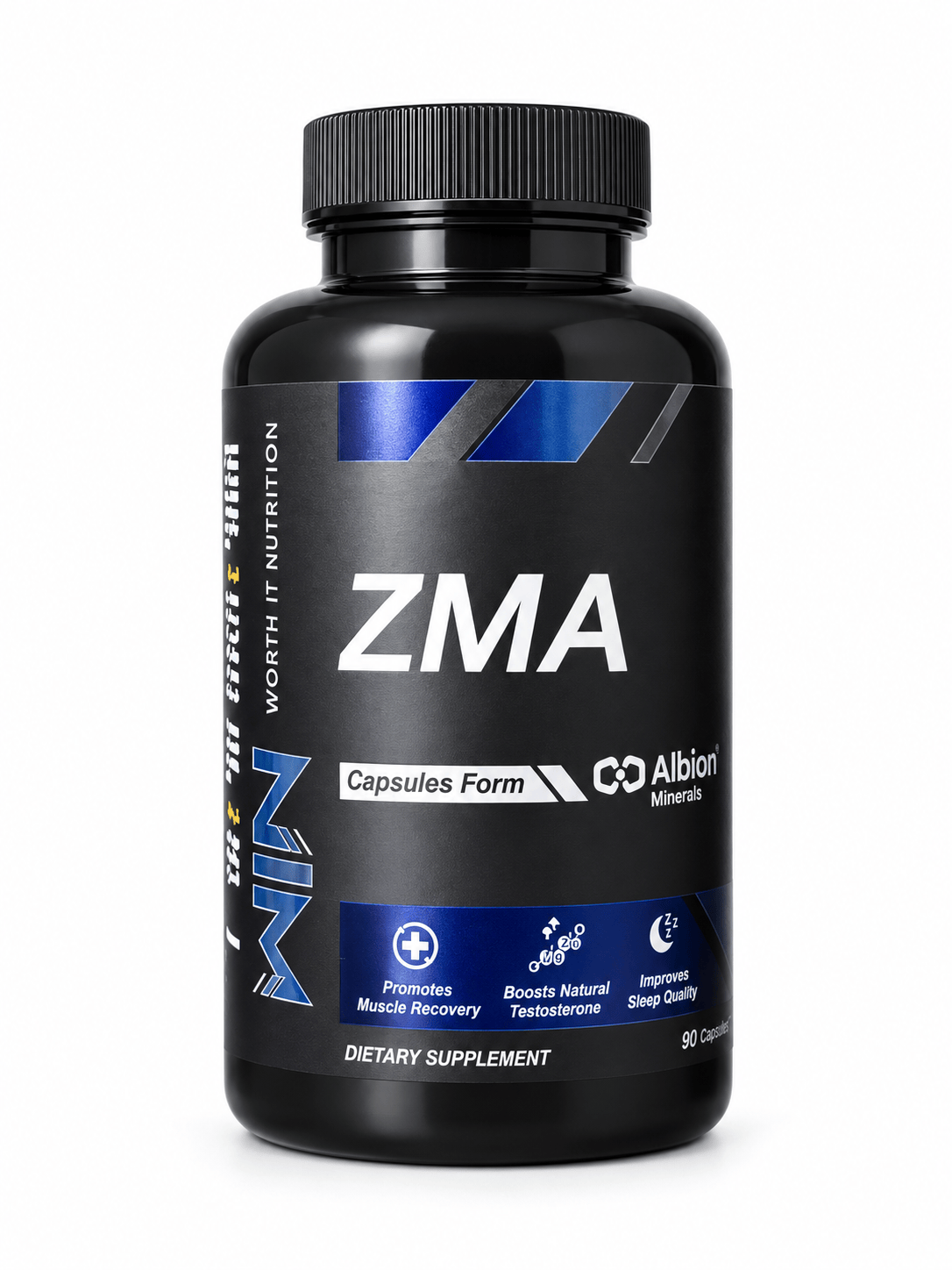 WORTH IT NUTRITION ZMA supplement in a black bottle with 90 capsules, featuring magnesium, zinc, vitamin B6 and Albion Minerals branding.
