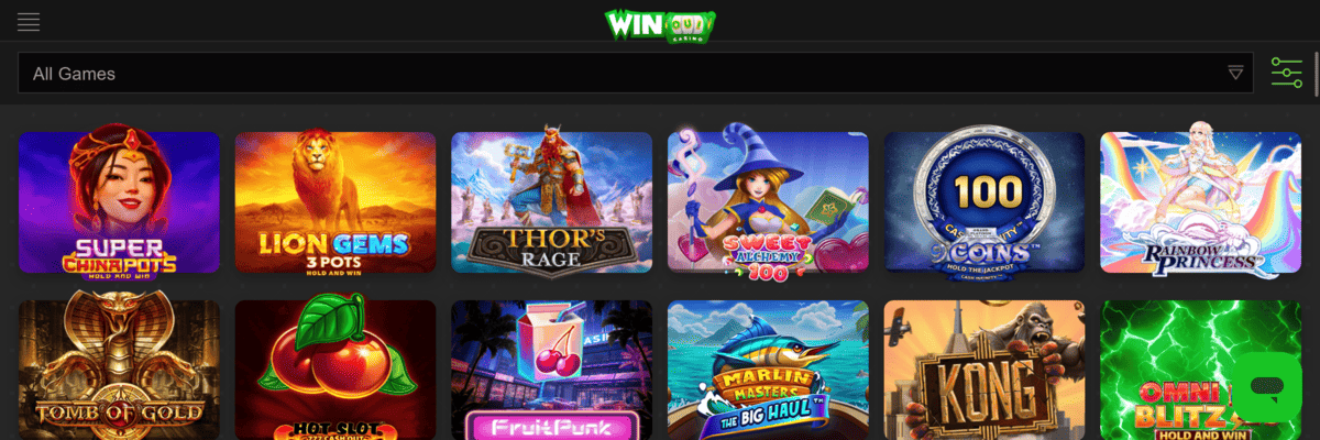 Interface du casino Winoui montrant les jeux et promotions