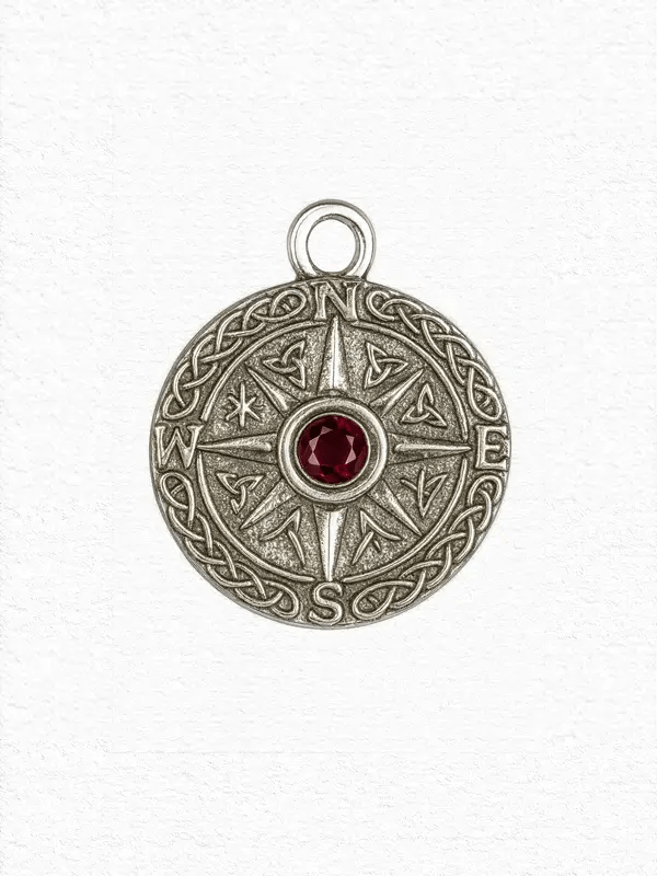 Silver pendant compass with ruby
