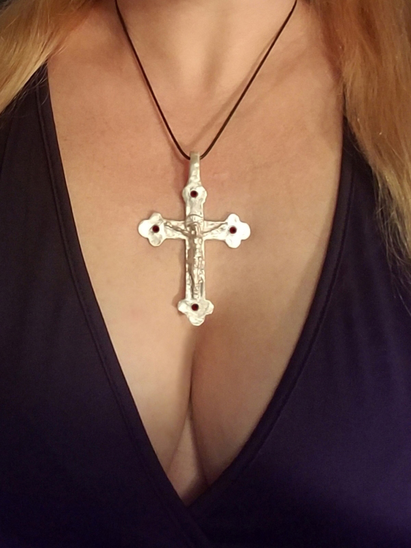 silver cross with ruby