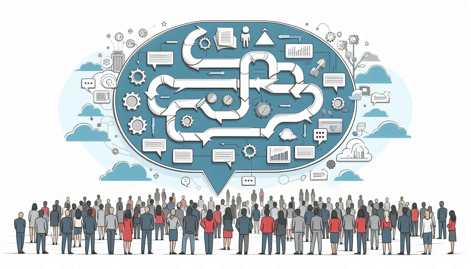 Was ist ein Dialogbild, Prozessbild, Wertebild, Big Picture, Zielbild, Leitbild, Visionsbild, Strategiebild, Transformationsbild? 2 viele Menschen stehen vor einer großen Sprechblase mit einem komplizierten Prozess