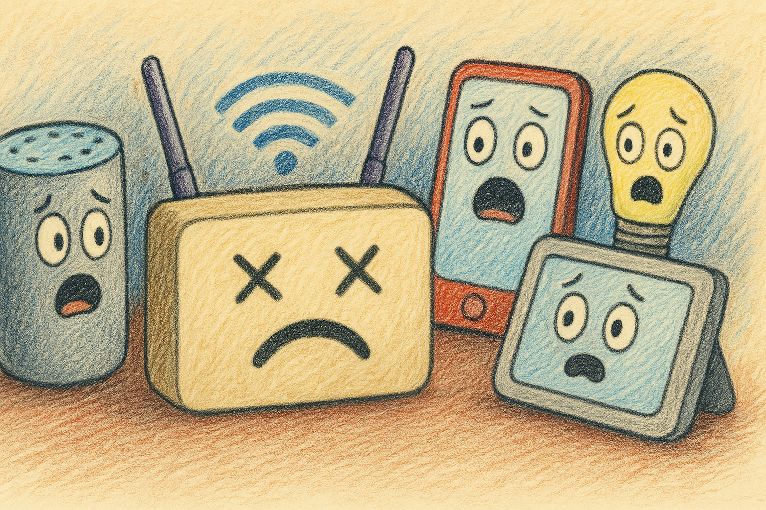 A colored pencil drawing of shocked anthropomorphic smart devices looking at a dead wifi router.