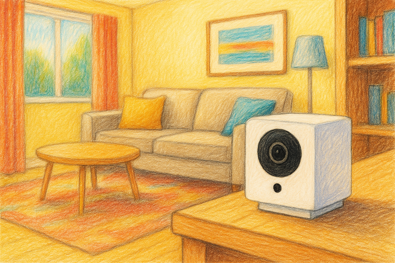 A warm colored picture drawing of a living room with a cube smart camera on the table in the foreground.
