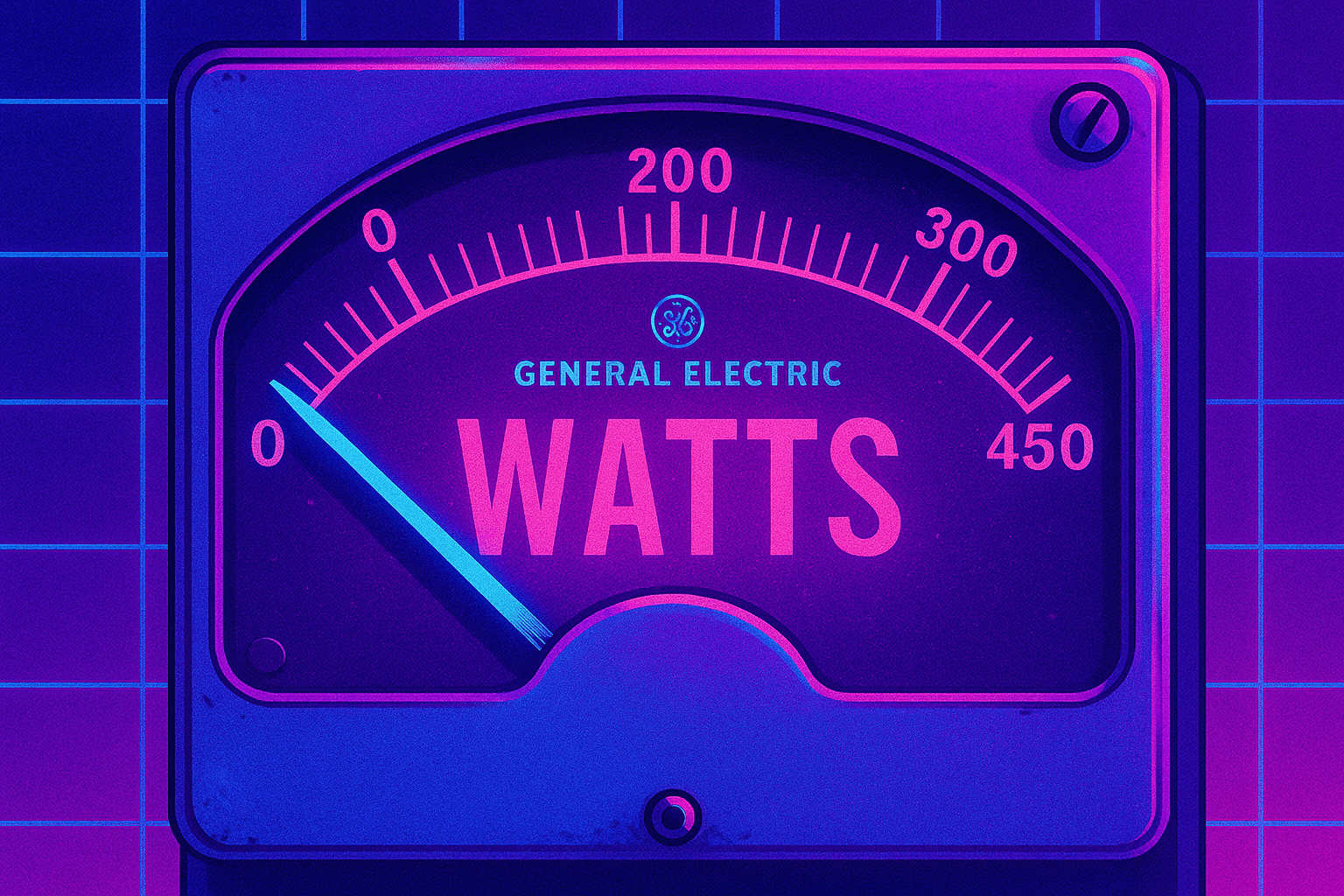 A bright purple, pink and teal watt meter with the needle pointed to about 1.