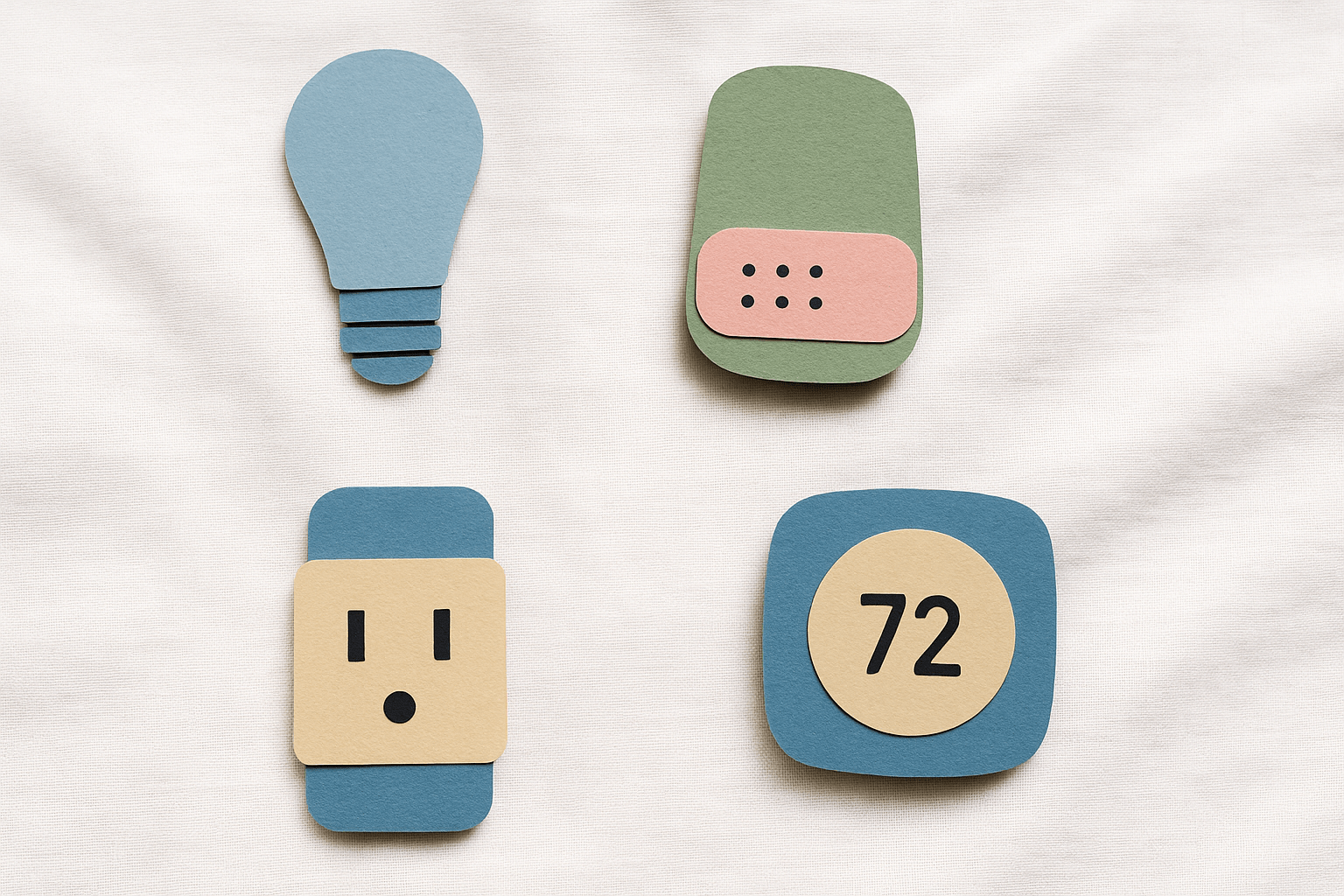 Construction paper cutouts of smart devices on a white cloth background