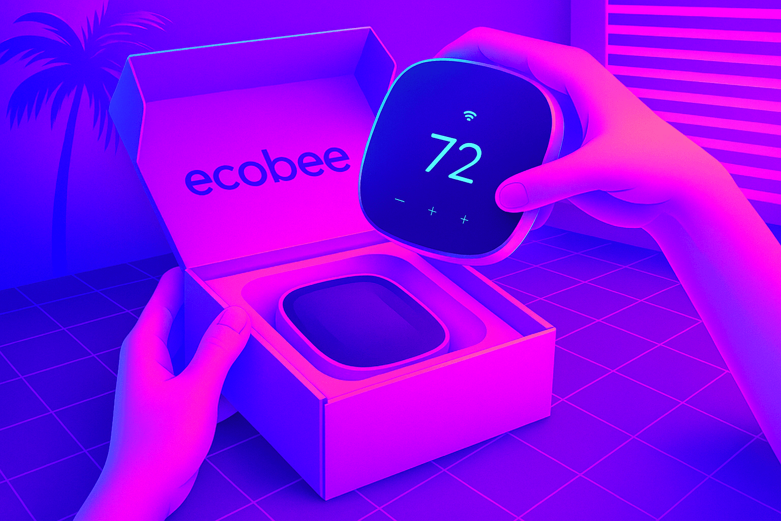 A bright purple and pink computer generated image of an ecobee smart thermostat being unboxed.