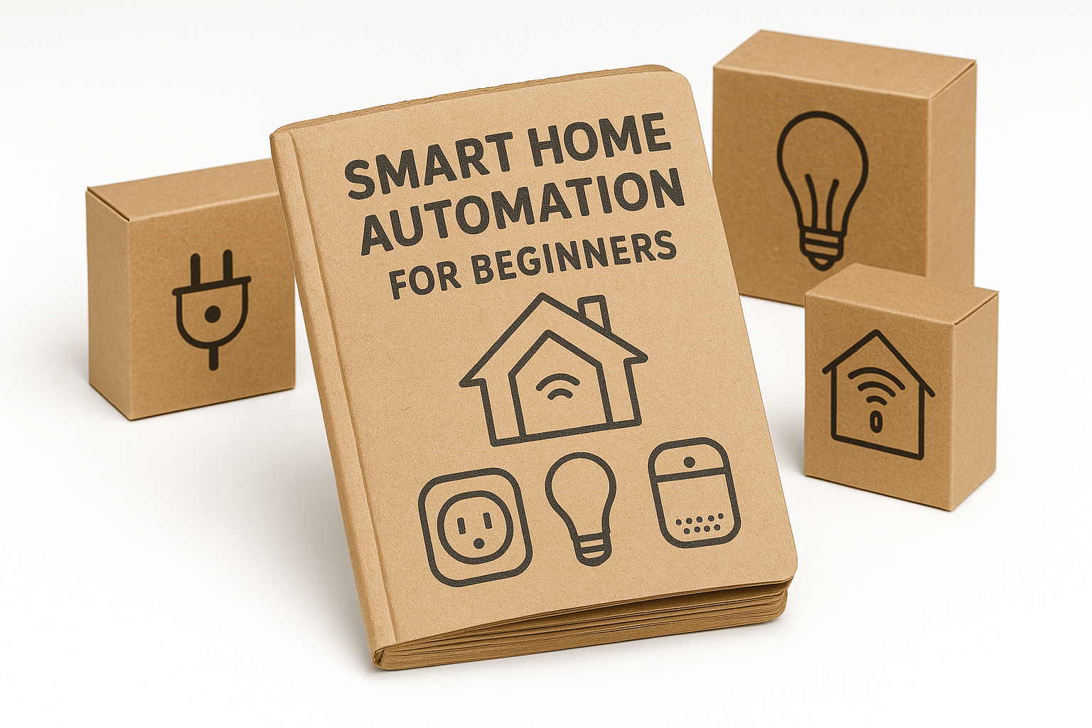 A picture of cardboard cutouts of a smart home automation guide and mock smarthome device boxes on a white background