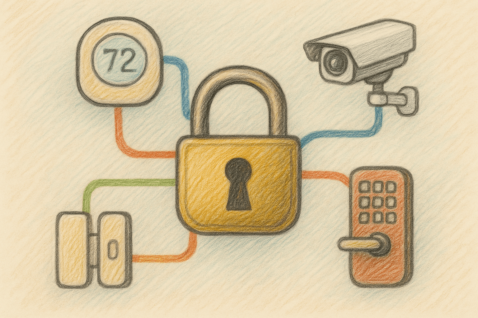 A colored pencil image of smart devices all connected together through a lock.