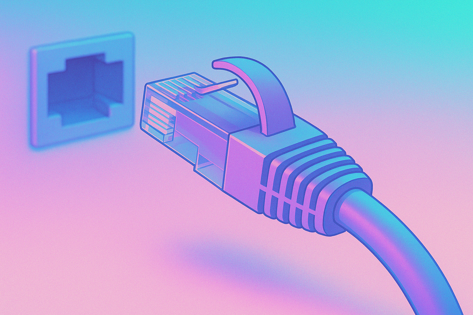 A colorful illustrated image of an ethernet cable disconnected from the ethernet port.