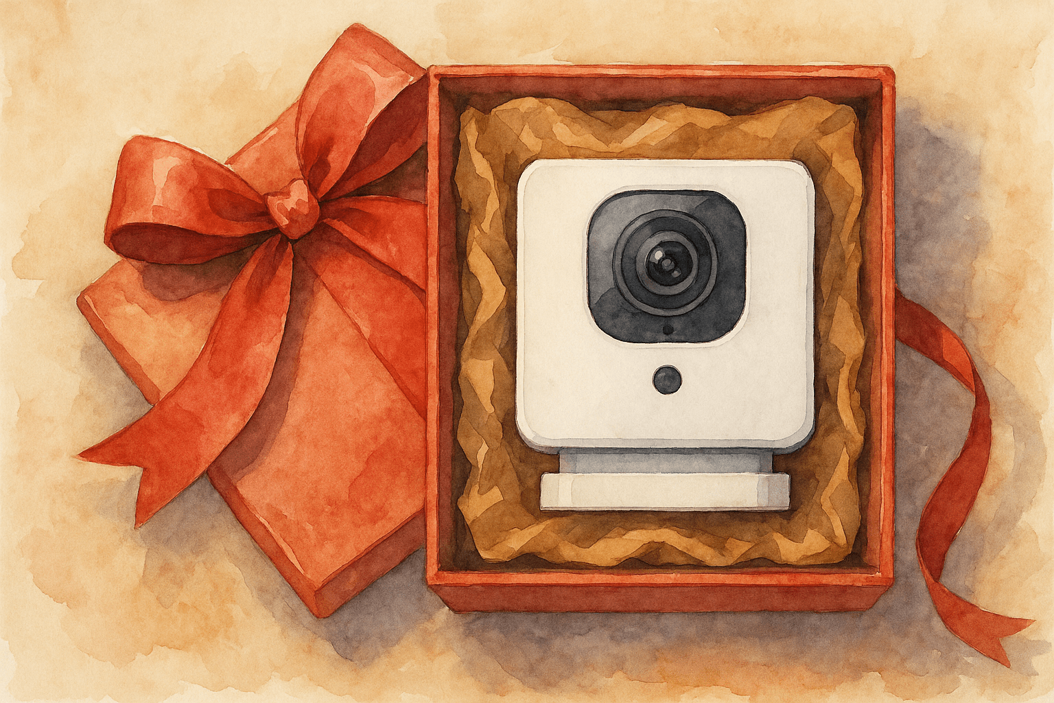 A water color painting of an opened Christmas present with a white smart camera inside.