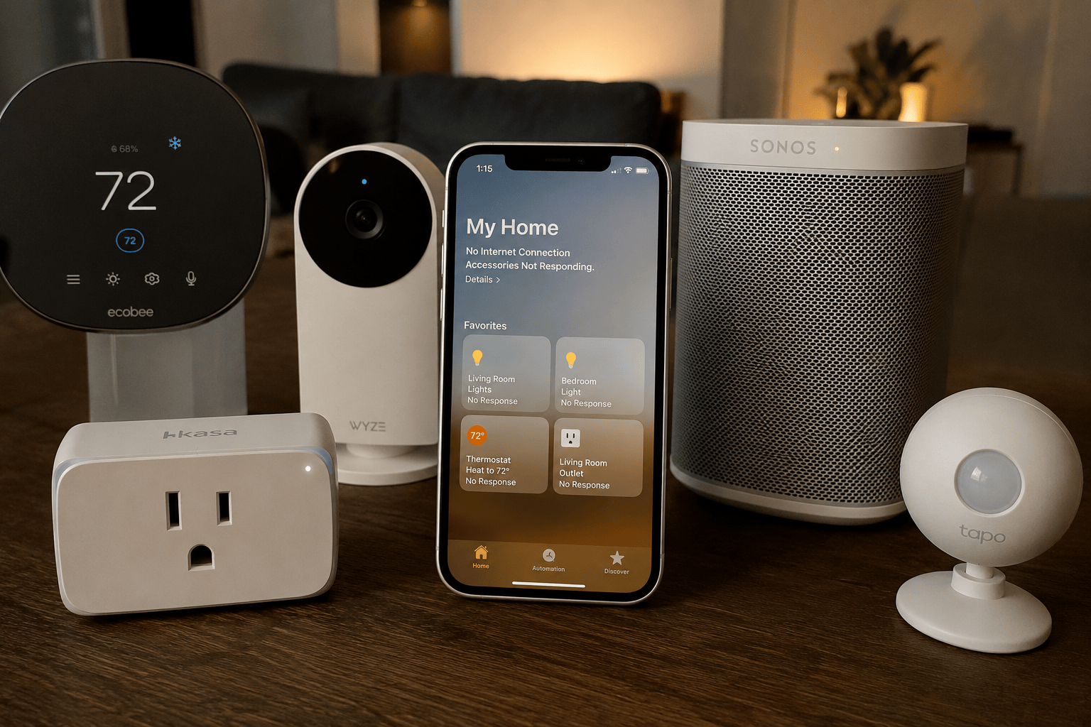 6 smart home devices laid out on a wood table in a living room. It is a close up shot of the devices.