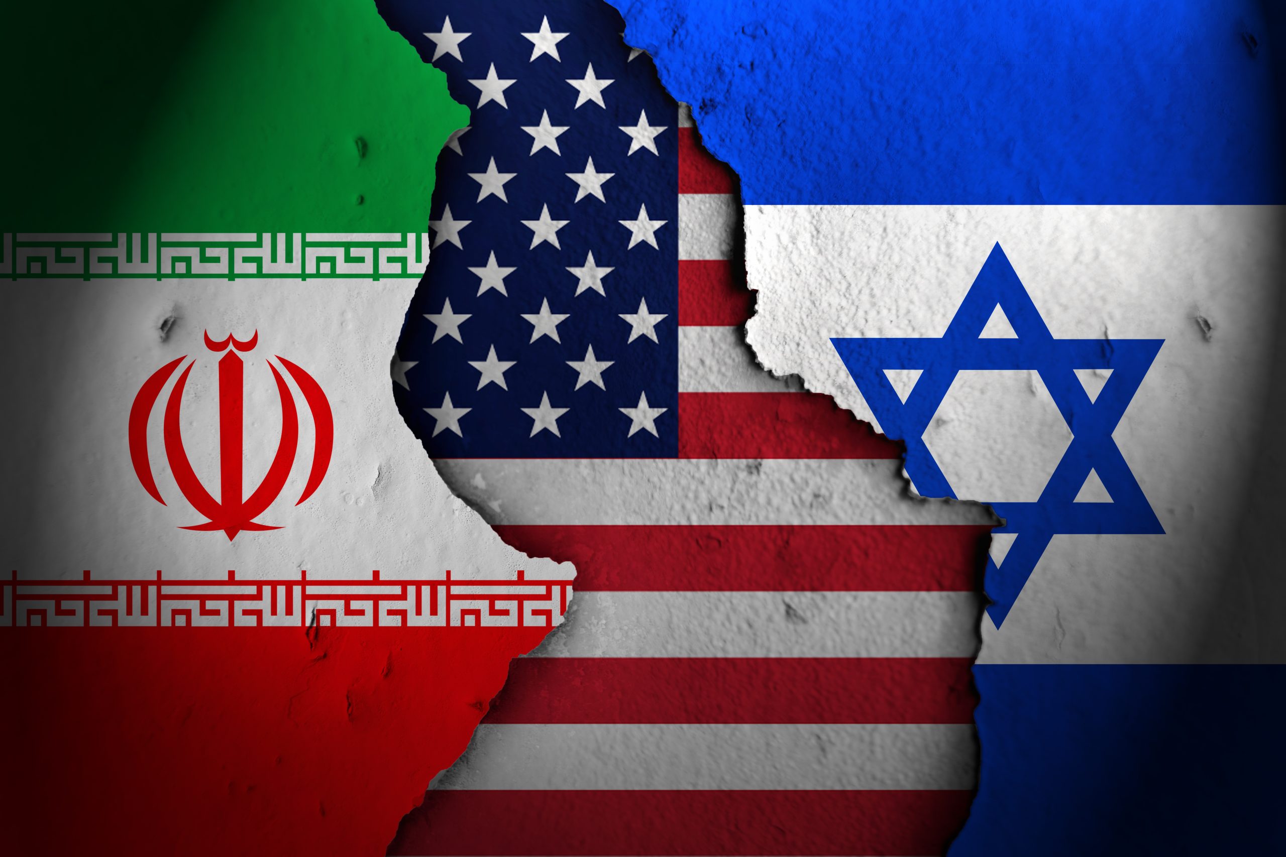 American flag between Iran and Israel flags
