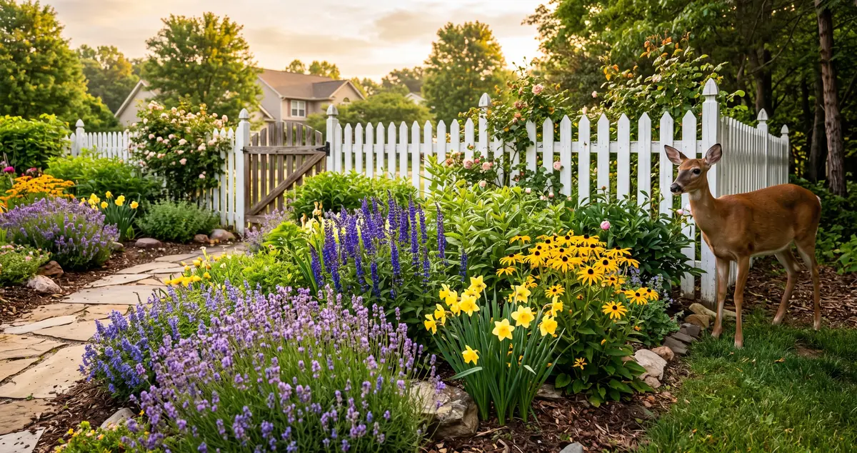 A suburban flower garden border of lavender, purple salvia, daffodils, and black-eyed Susans along a white picket fence at sunset, with a white-tailed deer standing at the edge.