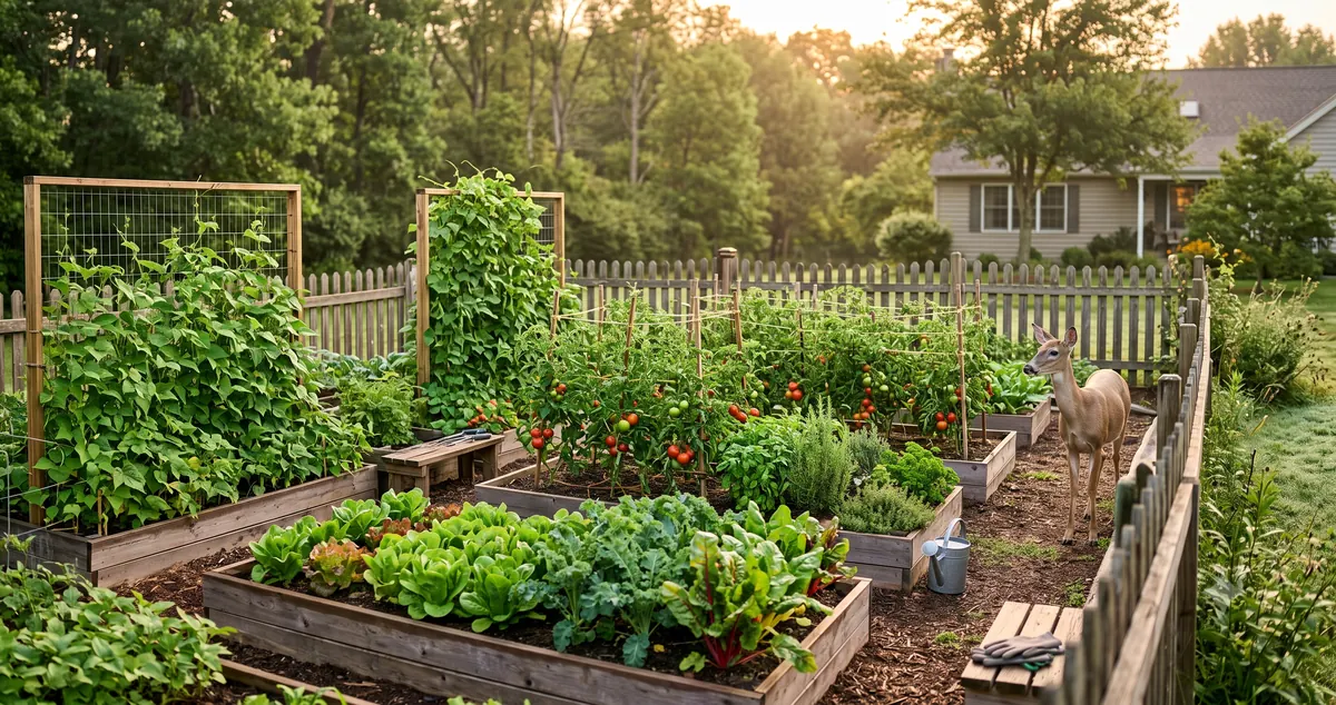 A white-tailed deer standing at the fence line of a raised-bed backyard vegetable garden full of beans, tomatoes, and leafy greens at dusk