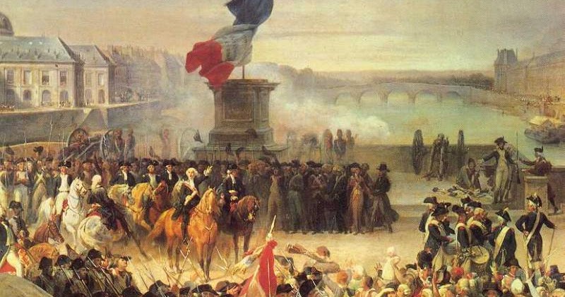 A historical painting depicts a crowd gathered around a statue and the French flag, with soldiers on horseback, people marching, and smoke in the background, set near a river and city buildings.