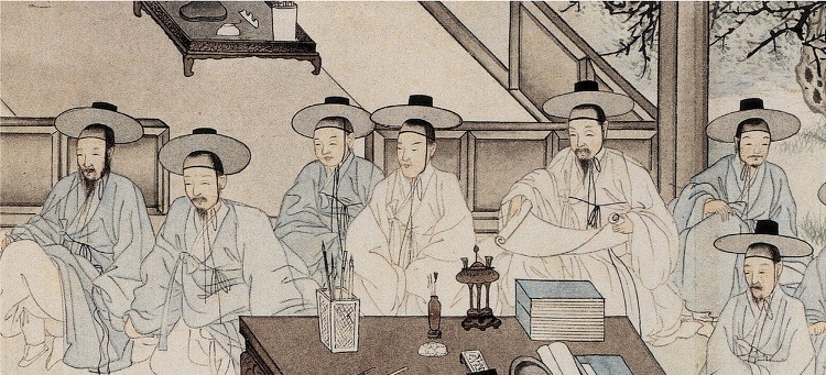 A traditional Korean painting shows seven men in hanbok and black hats seated indoors, surrounded by books, brushes, and writing tools, engaged in scholarly discussion.