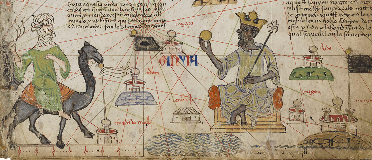 Medieval map illustration showing a crowned, seated man holding a gold orb, and a robed, turbaned figure riding a camel. Buildings, geographical features, and red navigation lines surround them. Arabic and Latin script is visible.