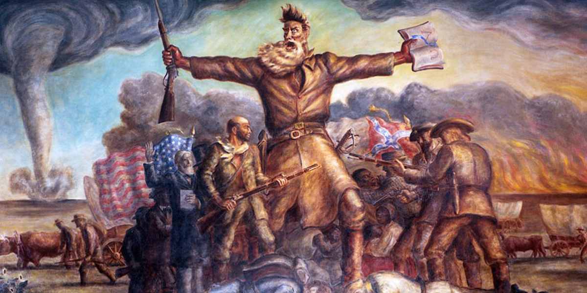 A dramatic mural depicts John Brown with wild hair and beard, arms outstretched holding a rifle and a paper, surrounded by armed followers and chaos, with storm clouds and battle behind him.