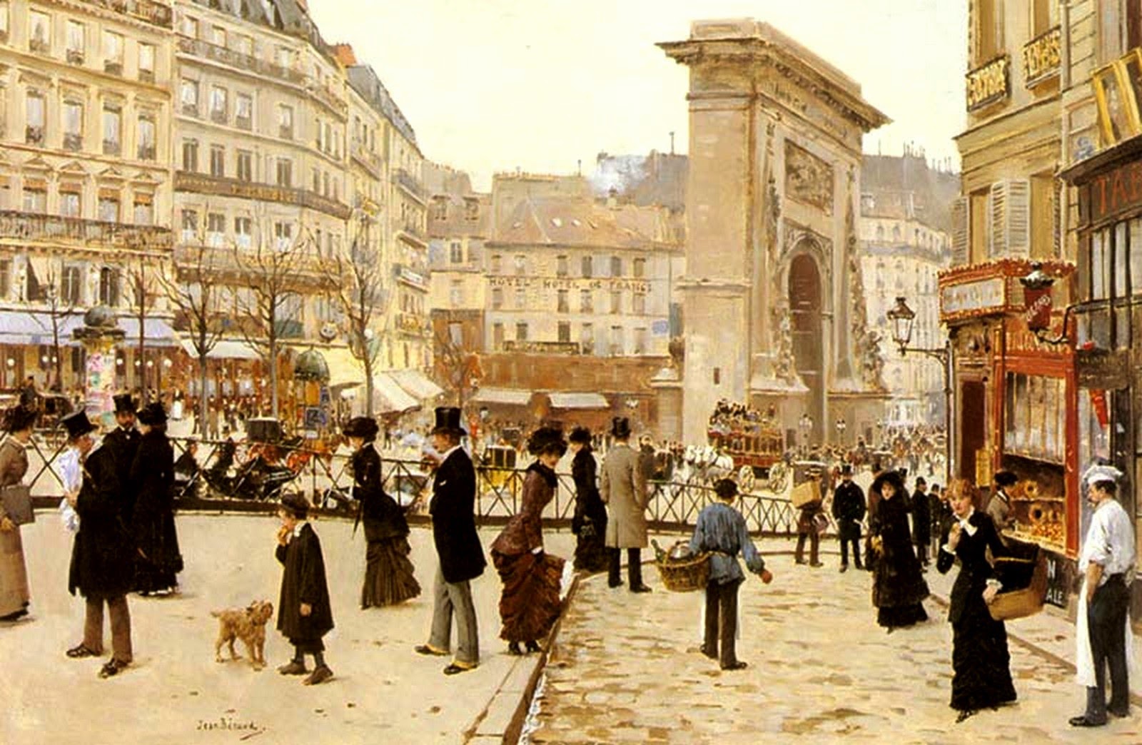 A bustling 19th-century Paris street scene with men, women, and children walking near a large stone archway, surrounded by tall buildings, shops, and an outdoor vendor; a dog stands in the foreground.