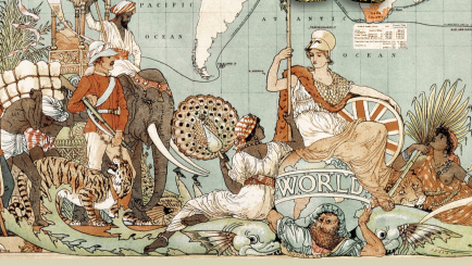 Illustration of British colonial figures with elephants, tigers, and exotic plants, set against a world map background. A woman in classical attire holds a trident and shield labeled “World.”.
