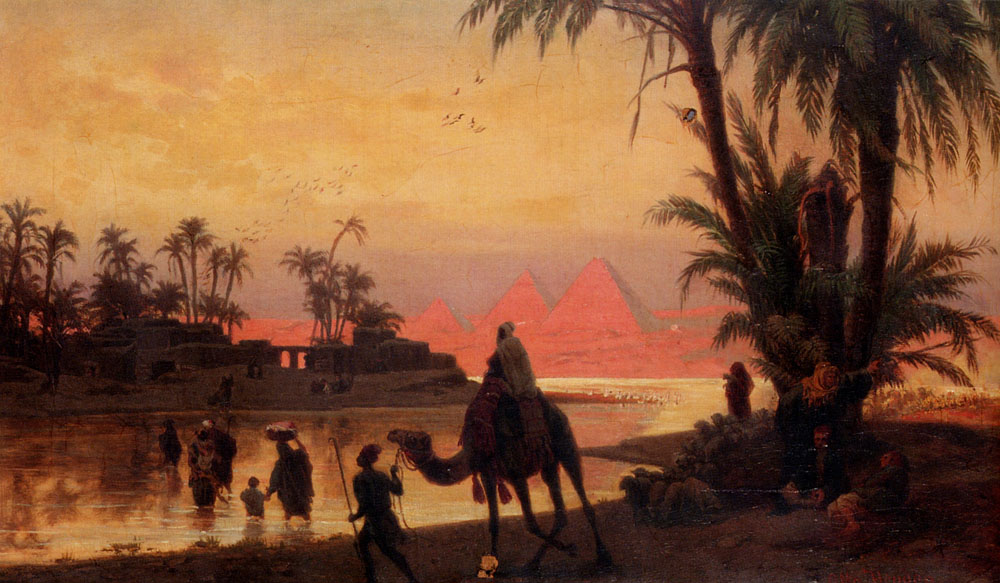 A sunset scene with the Pyramids of Giza in the background, palm trees in the foreground, people gathered by a river, and a person riding a camel near the water’s edge.