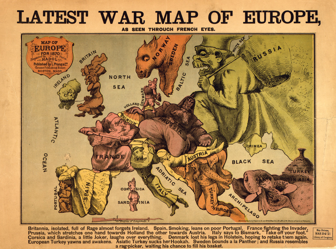 A satirical 1870 map of Europe shows countries as caricatured animals and figures: Britain as a woman with a lion, Russia as a bear, France as a soldier, Germany as a dog, and surrounding nations as exaggerated characters.