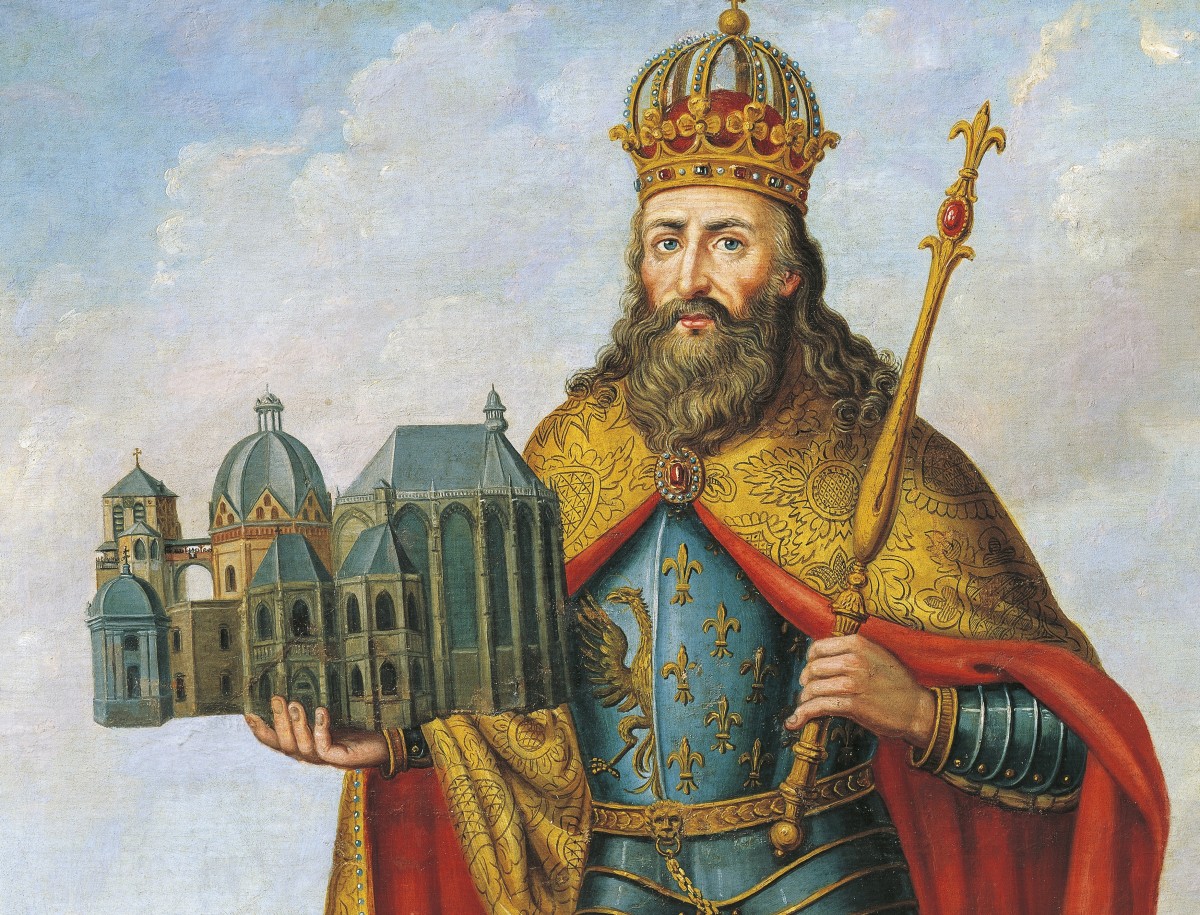 A painting of a bearded, crowned king in ornate robes holding a scepter in one hand and a detailed model of a gothic-style cathedral in the other, set against a cloudy sky background.