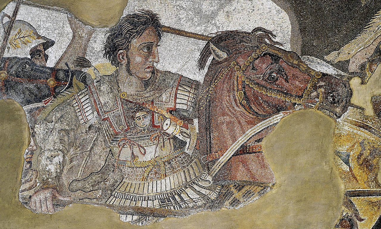 Ancient mosaic depicting a warrior in detailed armor riding a horse, with intense expression, accompanied by soldiers in the background. Some parts of the mosaic are damaged or missing.