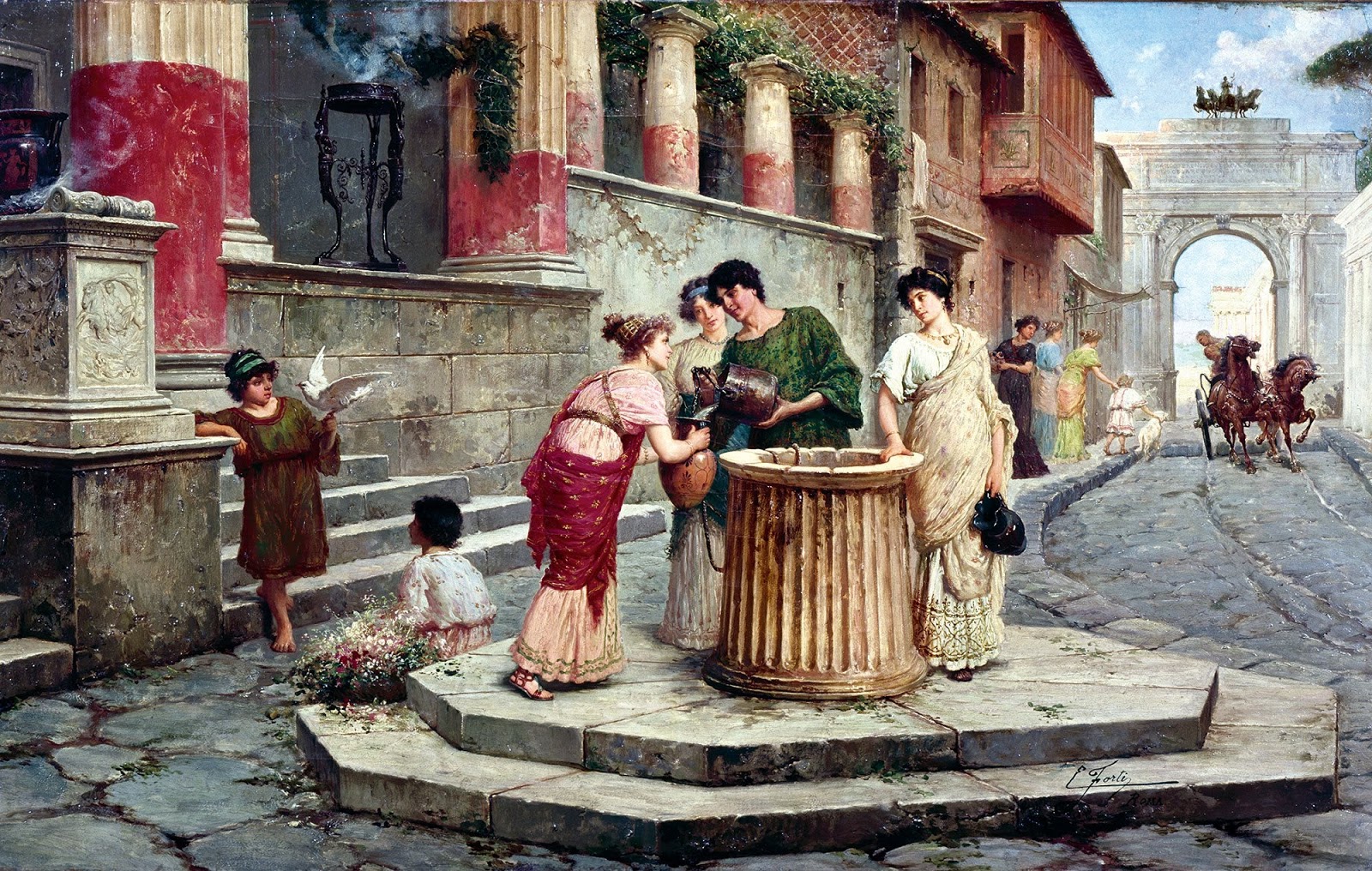 A group of women in ancient Roman attire gathers around a circular stone fountain on a cobblestone street, with children nearby and a horse-drawn carriage in the background, in a lively, sunlit city scene.