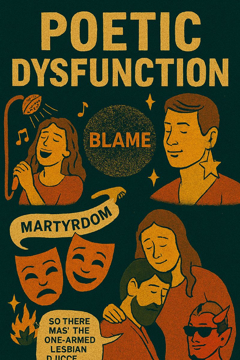 Whimsical emotional funhouse scene with theatrical blame, glowing martyrdom, glittery chaos, and surreal elements like shower songs and existential cuddles.