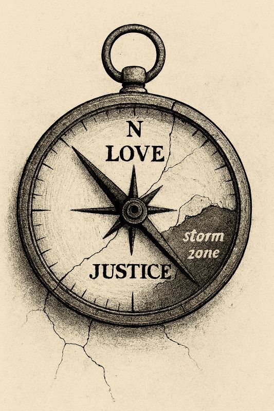 A cracked compass points toward “LOVE,” “JUSTICE,” and a “storm zone”—clearly designed by someone with emotional GPS issues.