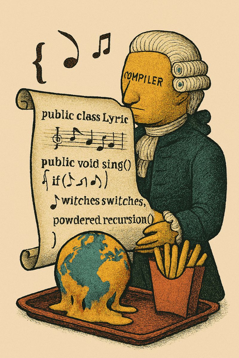 A judge in ornate period costume with “COMPILER” inscribed on his forehead holds a scroll labeled “public class Lyric” in Java syntax; in front of him, a tray displays a melting globe and a serving of fries.