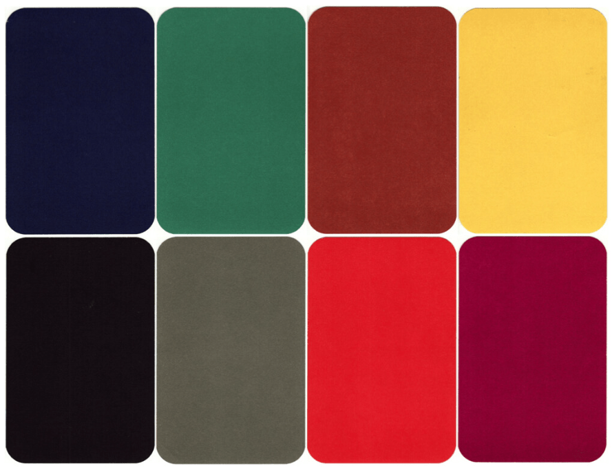 Eight Luscher Color Test cards arranged in two rows of four, showing blocks of dark red, bright red, grey, black, yellow, brown, green, and dark blue