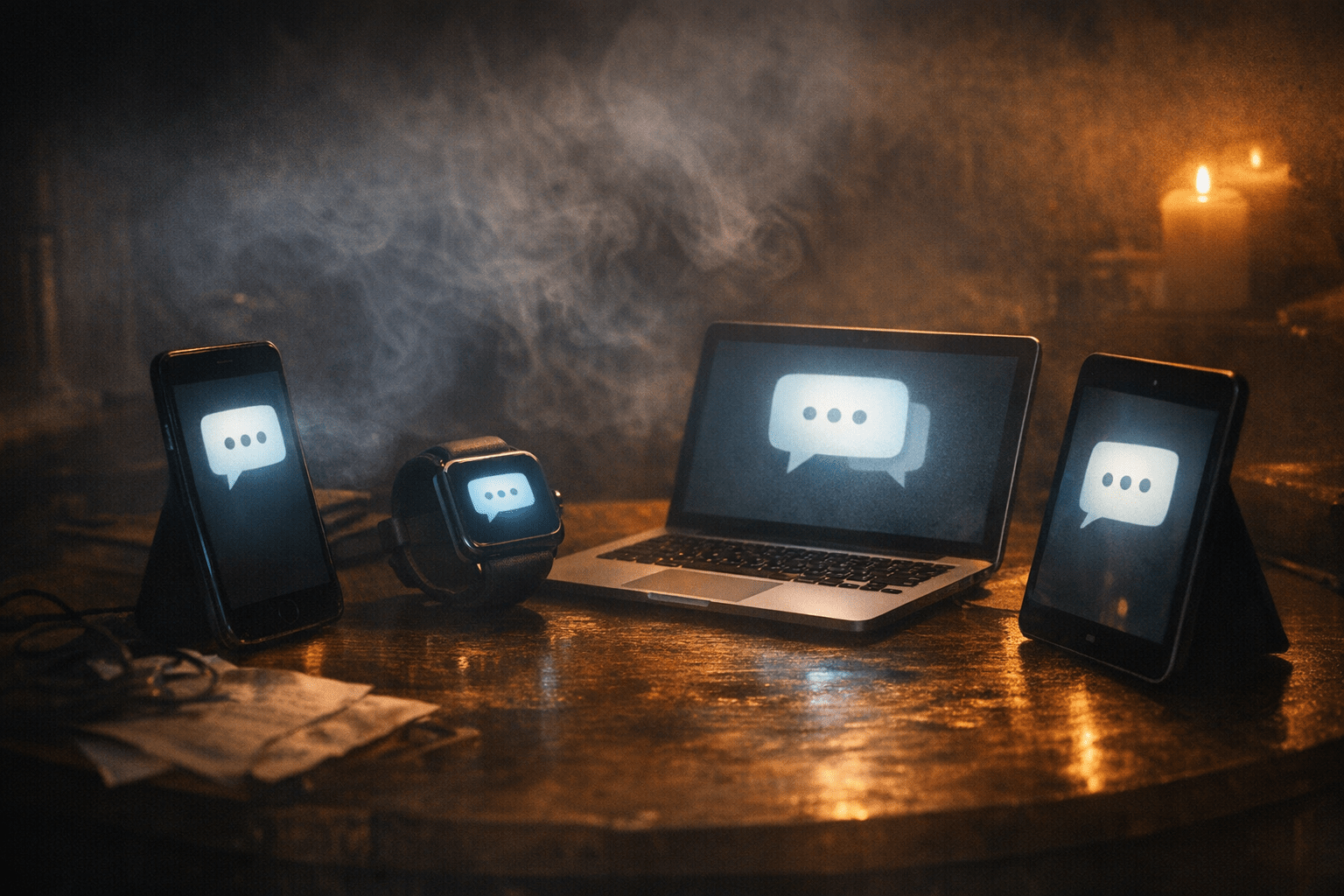 Four glowing devices whisper in a dimly lit circle.