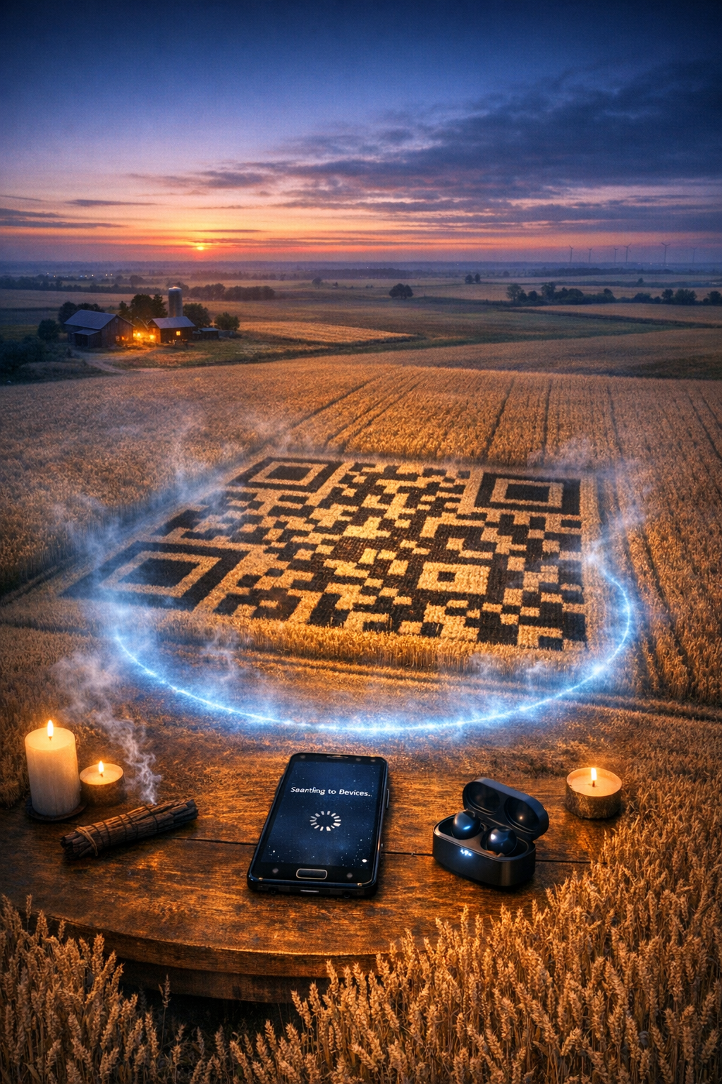 Aerial view of glowing QR code carved into wheat field.
